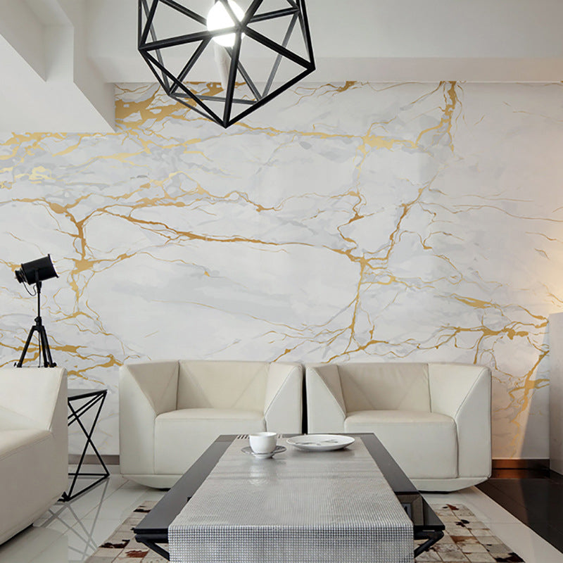 Avelena | Foto Stil Marmor Oberfläche Wandtapete für Esszimmer In Gold und Weiß, Maßanfertigung