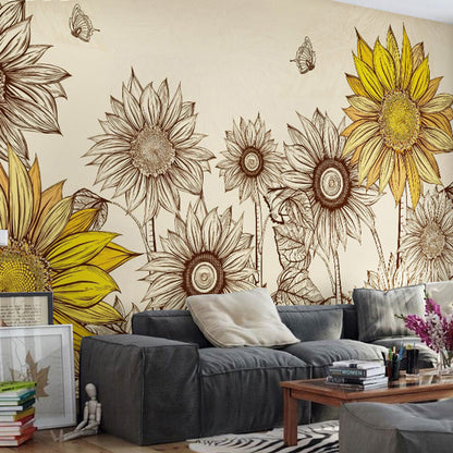 Avelena | Sonnenblumen Wandkunst In Gelb, Nostalgische Landhaus Tapete für Die Wohnkultur
