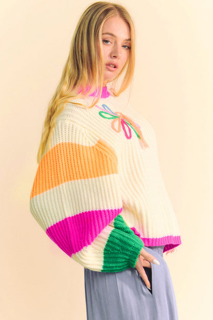 Avelena | Lockerer Strickpullover mit Blumenmuster Colorblock Beige