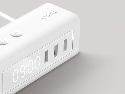 Avelena | 3-in-1 USB-Ladegerät, Steckdosenleiste, Wecker, mit verstellbarem Licht, 3 USB-Anschlüssen & 2 Steckdosen, für Nachttisch, Zuhause, Hotel, Büro