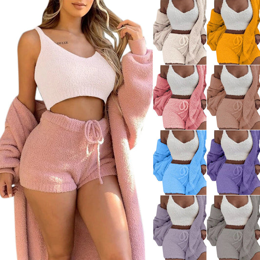 Gemütlicher Baumwoll Fluffy Pyjama 3-Teilig Mantel mit Kapuze Women