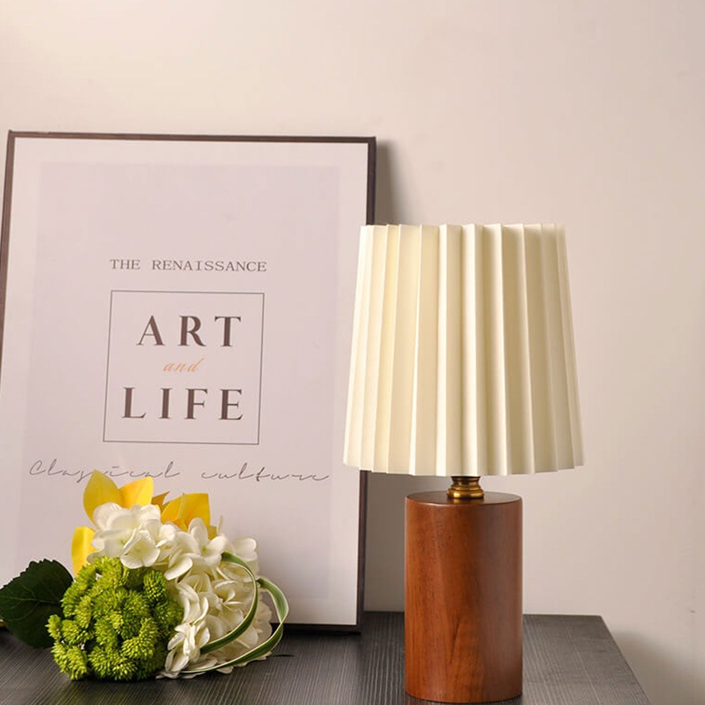 Avelena | Vintage Korean Plissee Säule Massivholz Basis 1-Licht Tischlampe