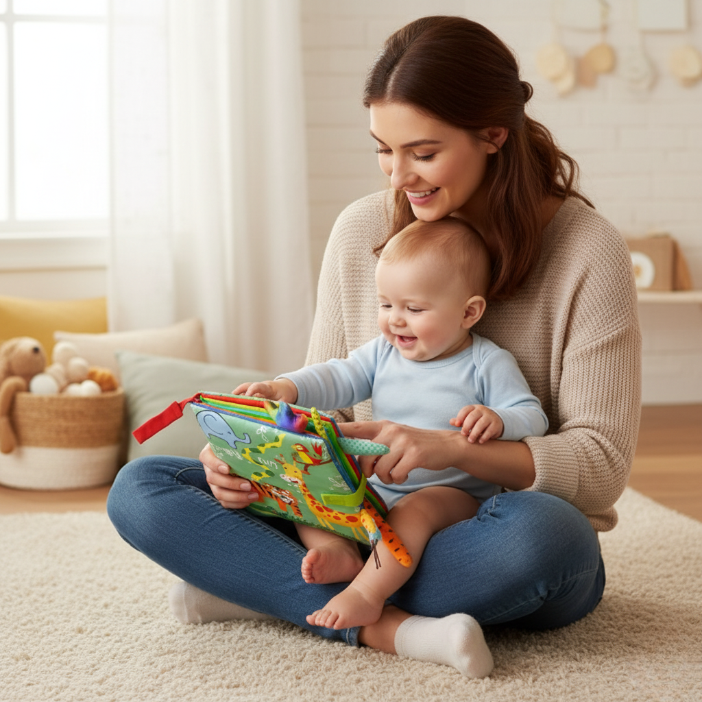 Avelena | Weiches Baby-Stoffbuch mit Tier-Schwänzen und Geräuschpapier für frühzeitiges Lernen und Spielen