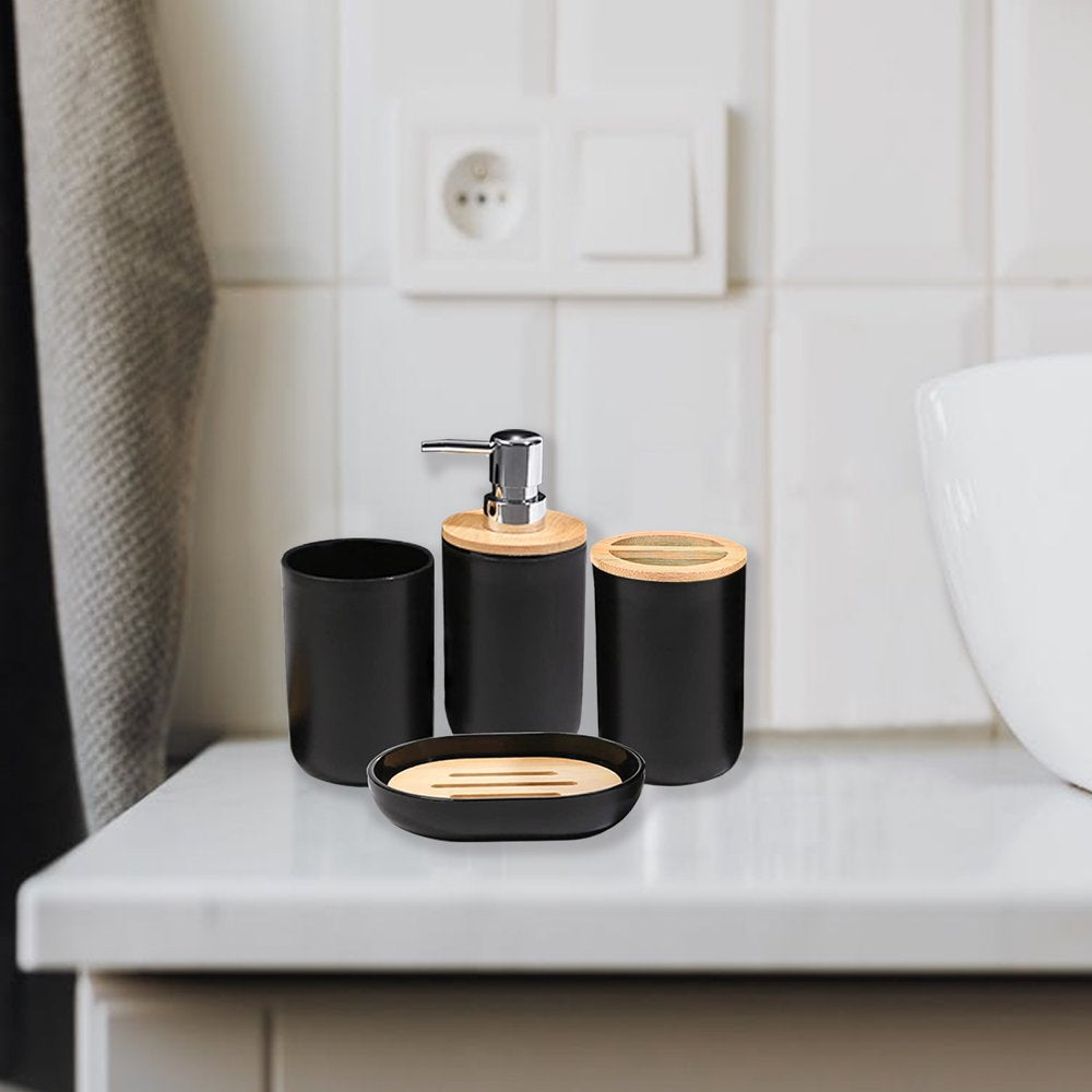 Avelena | 6-teiliges Badset - Seifenschale Zahnbürstenhalter Mundspülbecher Lotionflasche Mülleimer WC-Bürste - Praktisches WC-Set für Zuhause Wäschempfang, Schwarz