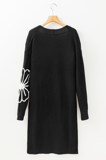 Avelena | Offene Schulterfreie Duster-Strickjacke mit Blumenstickerei
