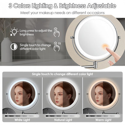 Avelena | Wiederaufladbarer Wandspiegel zum Rasieren | 360° Drehung. 1X/10X Vergrößerung & Einstellbare LED-Beleuchtung für den Einsatz im Badezimmer
