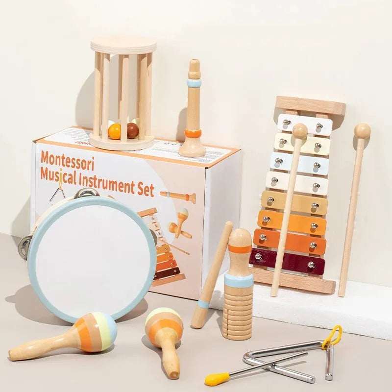 Avelena | Holz Montessori Musikinstrumenten Set für Kleinkinder - Professionell gestimmtes Xylophon, Maracas und mehr - Bildungs Geschenk für Vorschulkinder