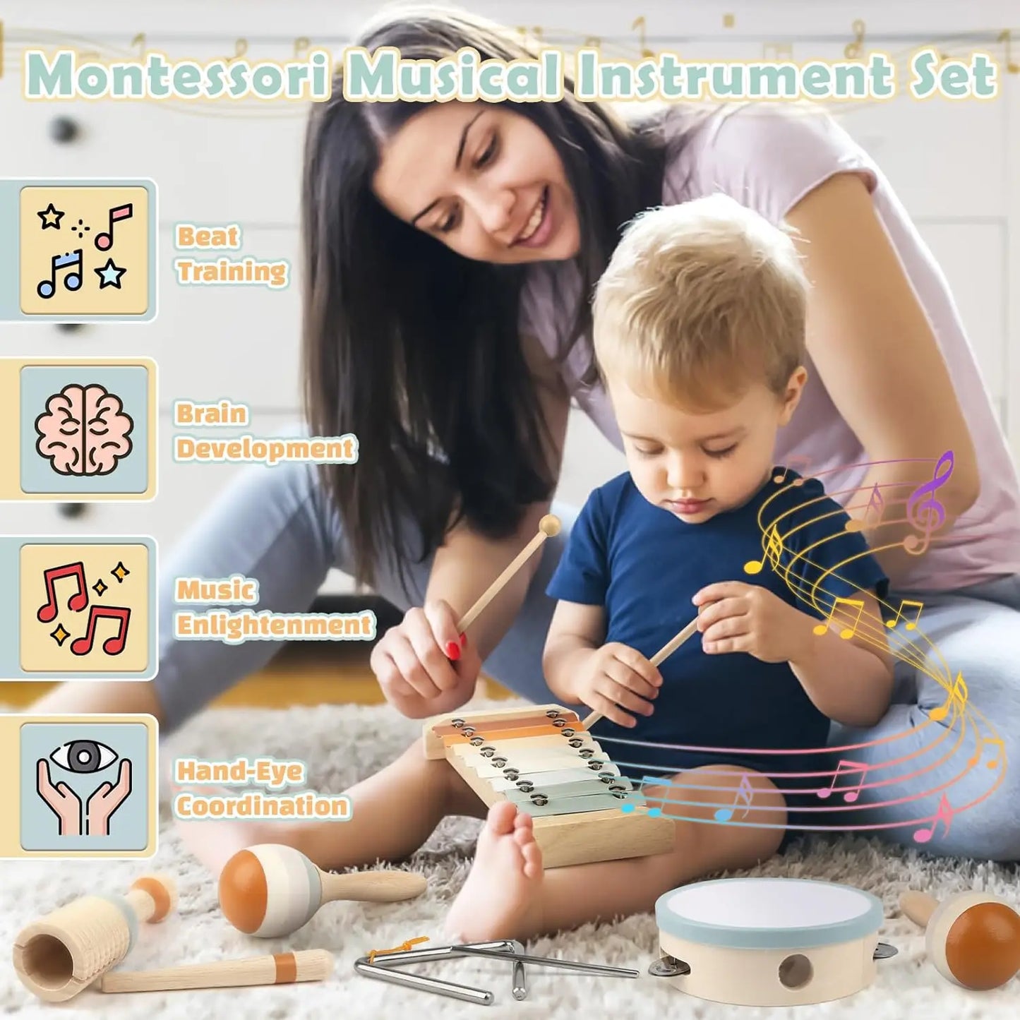 Avelena | Holz Montessori Musikinstrumenten Set für Kleinkinder - Professionell gestimmtes Xylophon, Maracas und mehr - Bildungs Geschenk für Vorschulkinder