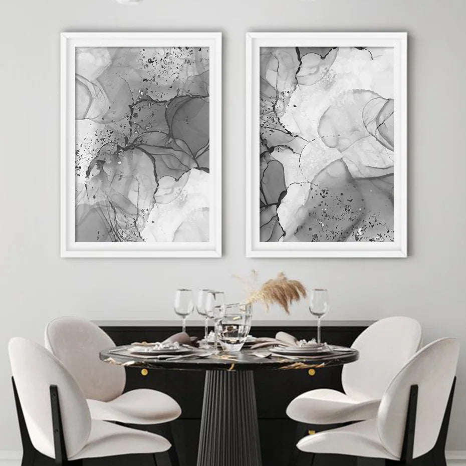 Avelena | Modern Grauer Fluider Marmor Druck Wandkunst Feine Kunst Leinwanddruck Abstrakte Schwarz-Weiß Poster Bilder für Wohnzimmer Home Office Kunst Dekor