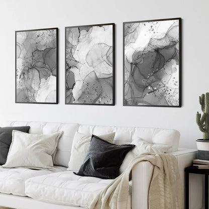Avelena | Modern Grauer Fluider Marmor Druck Wandkunst Feine Kunst Leinwanddruck Abstrakte Schwarz-Weiß Poster Bilder für Wohnzimmer Home Office Kunst Dekor