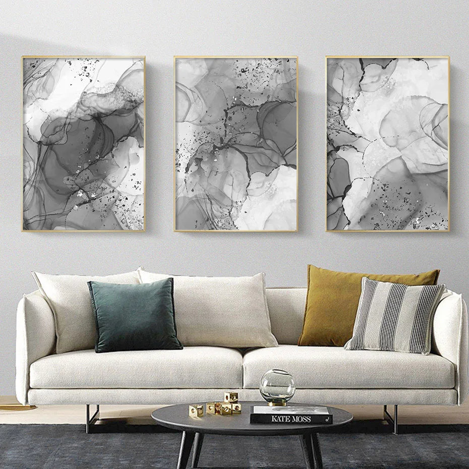 Avelena | Modern Grauer Fluider Marmor Druck Wandkunst Feine Kunst Leinwanddruck Abstrakte Schwarz-Weiß Poster Bilder für Wohnzimmer Home Office Kunst Dekor