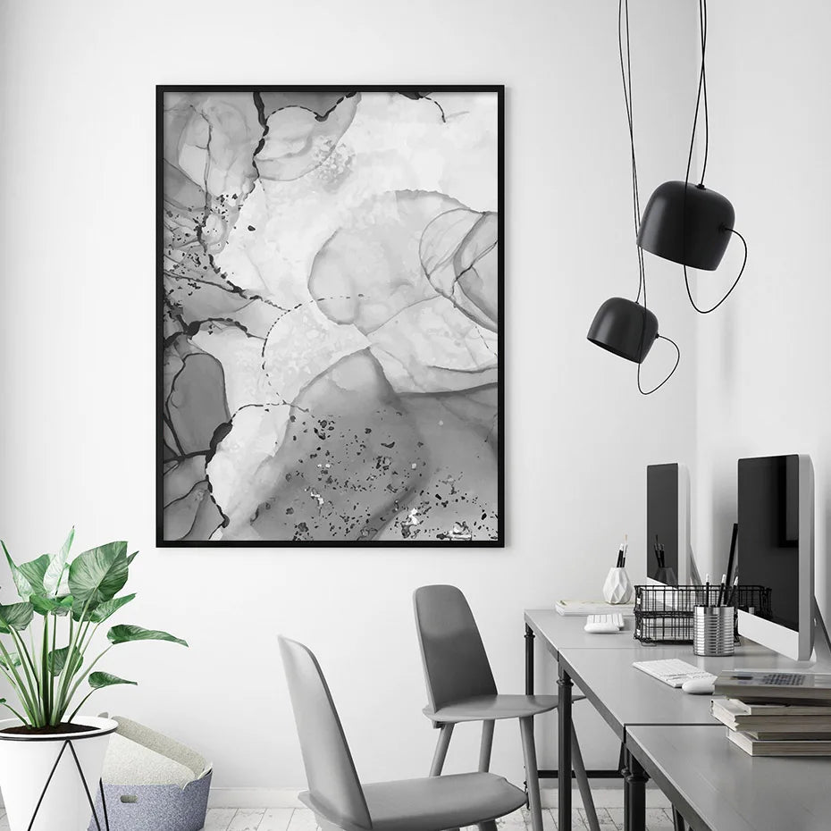 Avelena | Modern Grauer Fluider Marmor Druck Wandkunst Feine Kunst Leinwanddruck Abstrakte Schwarz-Weiß Poster Bilder für Wohnzimmer Home Office Kunst Dekor