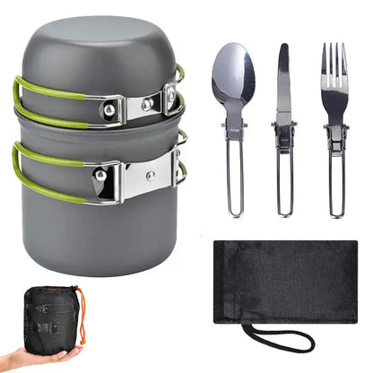Camping-Kochgeschirr-Set mit Edelstahl-Besteck und Tragetasche