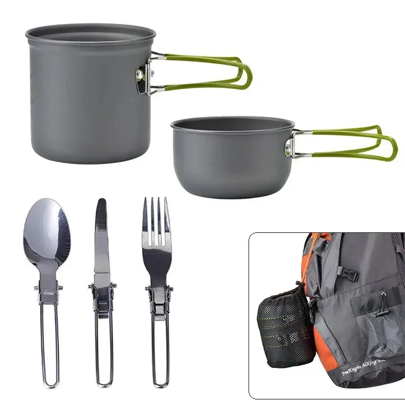 Camping-Kochgeschirr-Set mit Edelstahl-Besteck und Tragetasche