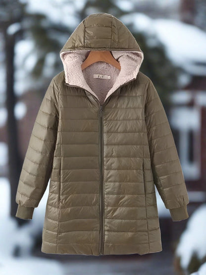 Avelena | Warme Lange Gepolsterte Winterjacke mit Kapuze