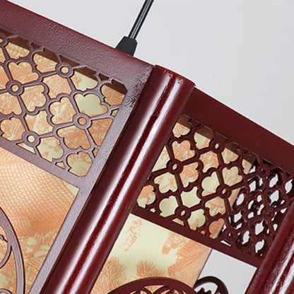 Avelena | Traditionelle chinesische Holz-PVC-Zylinderlaterne geschnitzter Fisch 1-Licht Pendelleuchte für das Esszimmer