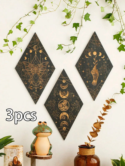 Avelena | Schwarze Mondphasen Holz Wanddekoration Rhombus Wandkunst Boho Wohnkultur Hexe Wandbehang Dekoration Raumdekor Ästhetisches Geschenk