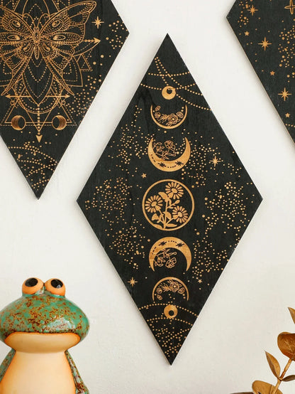 Avelena | Schwarze Mondphasen Holz Wanddekoration Rhombus Wandkunst Boho Wohnkultur Hexe Wandbehang Dekoration Raumdekor Ästhetisches Geschenk