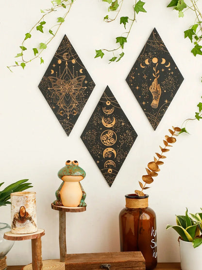 Avelena | Schwarze Mondphasen Holz Wanddekoration Rhombus Wandkunst Boho Wohnkultur Hexe Wandbehang Dekoration Raumdekor Ästhetisches Geschenk