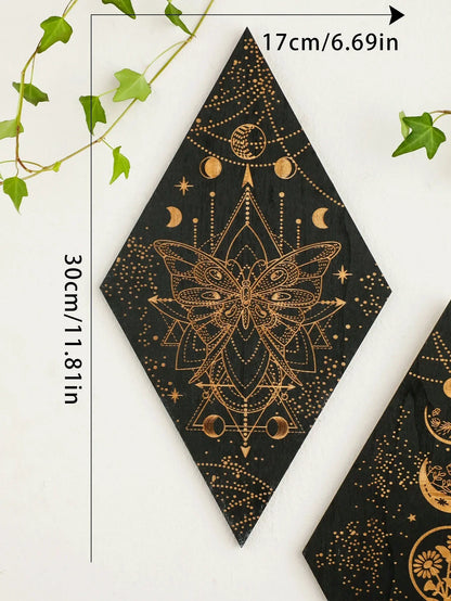Avelena | Schwarze Mondphasen Holz Wanddekoration Rhombus Wandkunst Boho Wohnkultur Hexe Wandbehang Dekoration Raumdekor Ästhetisches Geschenk