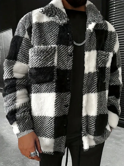 Avelena | Farbblockierung Karierte Fleece-Jacke, Lässiger Stilvoller Langarm-Mantel