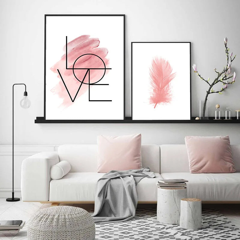 Avelena | Blush Pink Love Feather Wandkunst Feine Kunst Leinwanddruck Minimalistische Modebilder für Wohnzimmer Mädchen Schlafzimmer Mode Kunst Dekor
