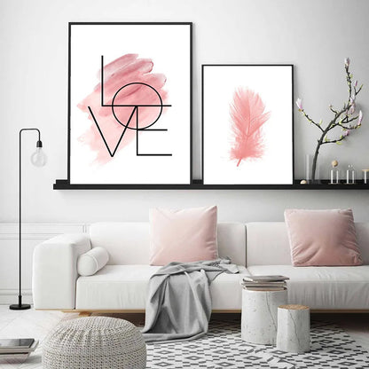 Avelena | Blush Pink Love Feather Wandkunst Feine Kunst Leinwanddruck Minimalistische Modebilder für Wohnzimmer Mädchen Schlafzimmer Mode Kunst Dekor