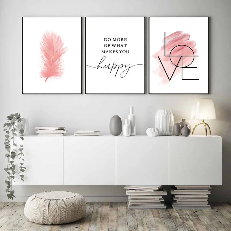 Avelena | Blush Pink Love Feather Wandkunst Feine Kunst Leinwanddruck Minimalistische Modebilder für Wohnzimmer Mädchen Schlafzimmer Mode Kunst Dekor
