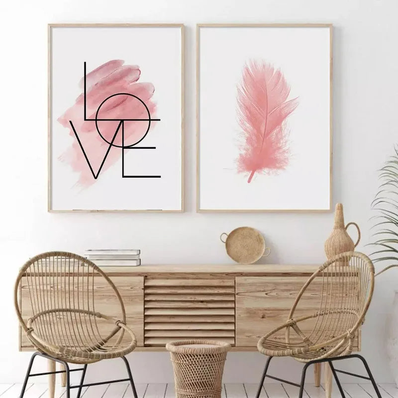 Avelena | Blush Pink Love Feather Wandkunst Feine Kunst Leinwanddruck Minimalistische Modebilder für Wohnzimmer Mädchen Schlafzimmer Mode Kunst Dekor