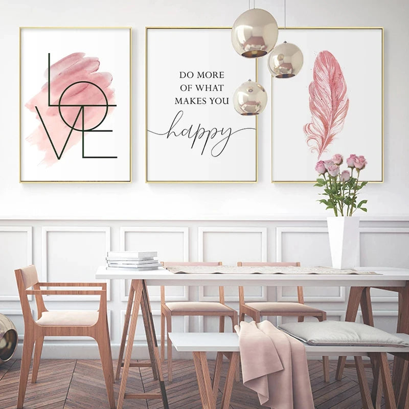 Avelena | Blush Pink Love Feather Wandkunst Feine Kunst Leinwanddruck Minimalistische Modebilder für Wohnzimmer Mädchen Schlafzimmer Mode Kunst Dekor