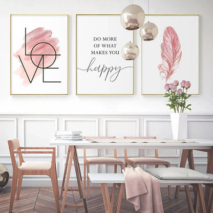 Avelena | Blush Pink Love Feather Wandkunst Feine Kunst Leinwanddruck Minimalistische Modebilder für Wohnzimmer Mädchen Schlafzimmer Mode Kunst Dekor