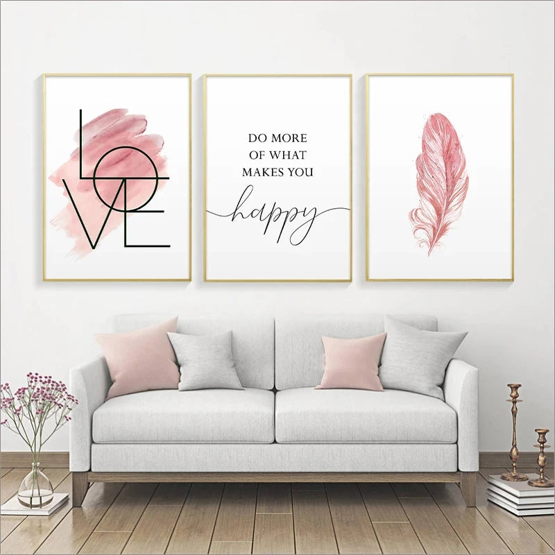 Avelena | Blush Pink Love Feather Wandkunst Feine Kunst Leinwanddruck Minimalistische Modebilder für Wohnzimmer Mädchen Schlafzimmer Mode Kunst Dekor