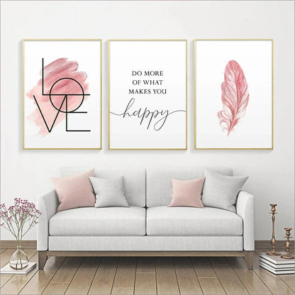 Avelena | Blush Pink Love Feather Wandkunst Feine Kunst Leinwanddruck Minimalistische Modebilder für Wohnzimmer Mädchen Schlafzimmer Mode Kunst Dekor