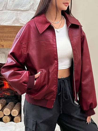 Avelena | Rote Pu-Leder-Bomberjacke für Damen mit Reißverschluss