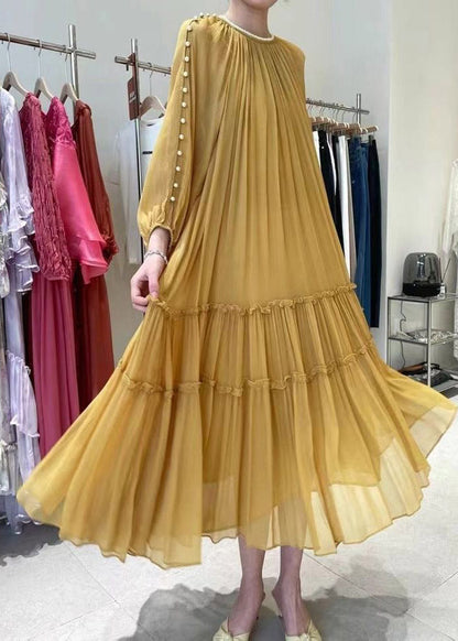 Avelena | Gerüschtes Gelbes Seidenkleid mit Langen Ärmeln