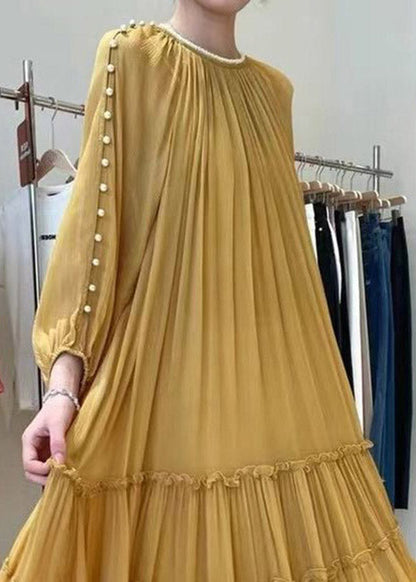 Avelena | Gerüschtes Gelbes Seidenkleid mit Langen Ärmeln