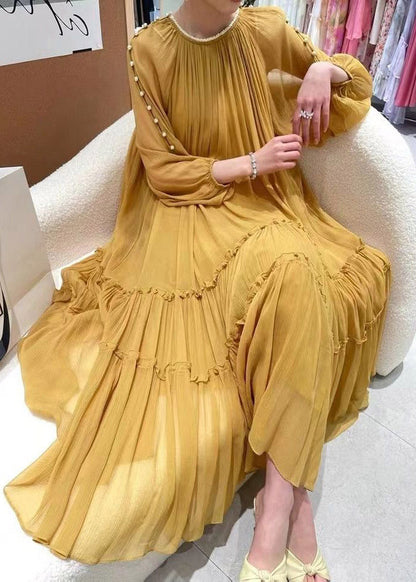 Avelena | Gerüschtes Gelbes Seidenkleid mit Langen Ärmeln