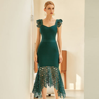 Avelena | Luxus Grünes Einfarbiges Strumpfbandrockkleid