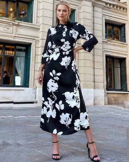Avelena | Schwarz-Weiß Drapiertes Hemd Midi-Kleid