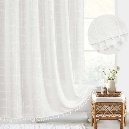 Avelena | Bohemian Leinen Duschvorhang mit Quasten & wasserdichtem Design