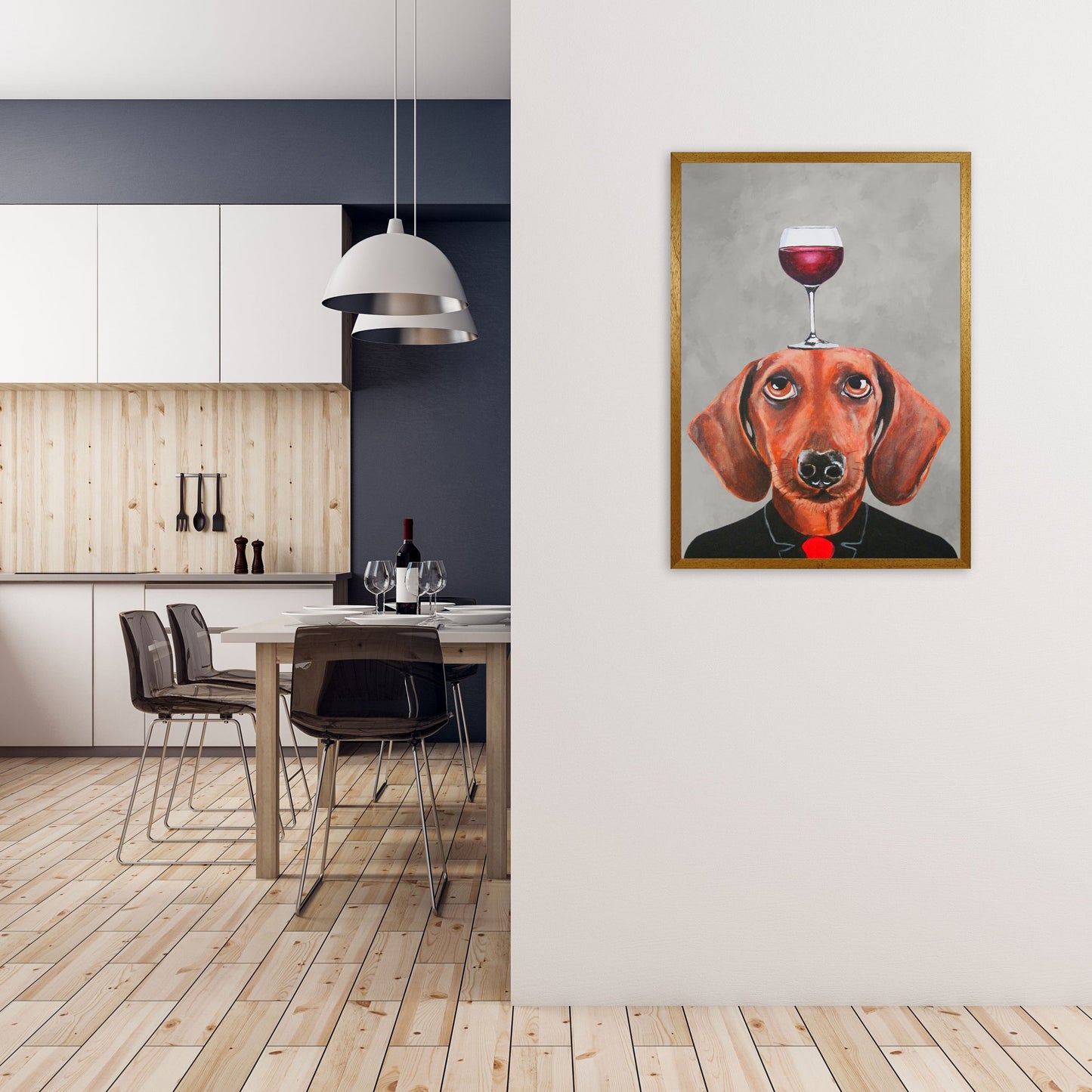 Avelena | Dackel mit Weinglas Kunstdruck Von Coco Deparis