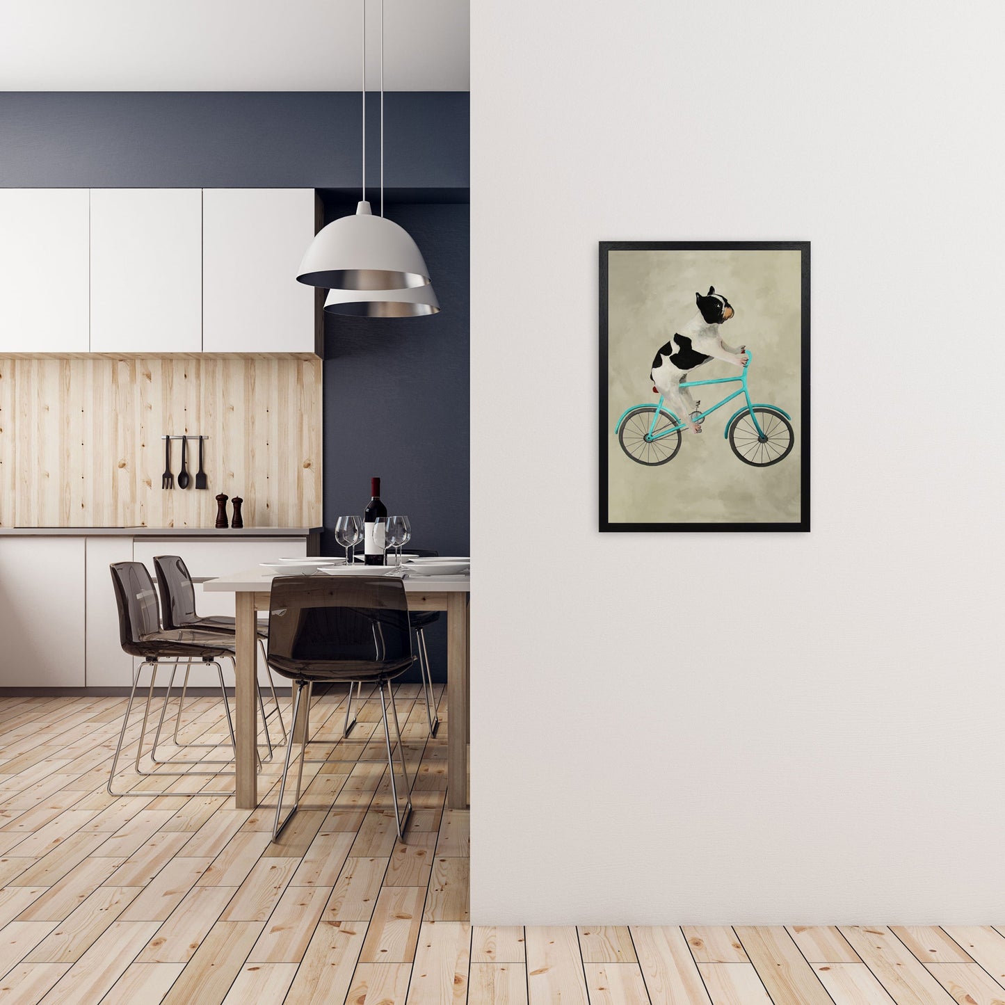 Avelena | Bulldog auf Fahrrad Kunstdruck
