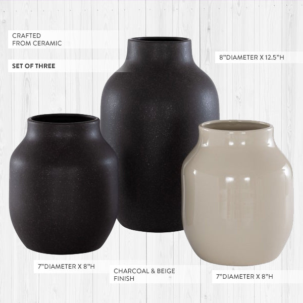 Avelena | Kullgrau und Beige Keramische Vasen, Set mit 3