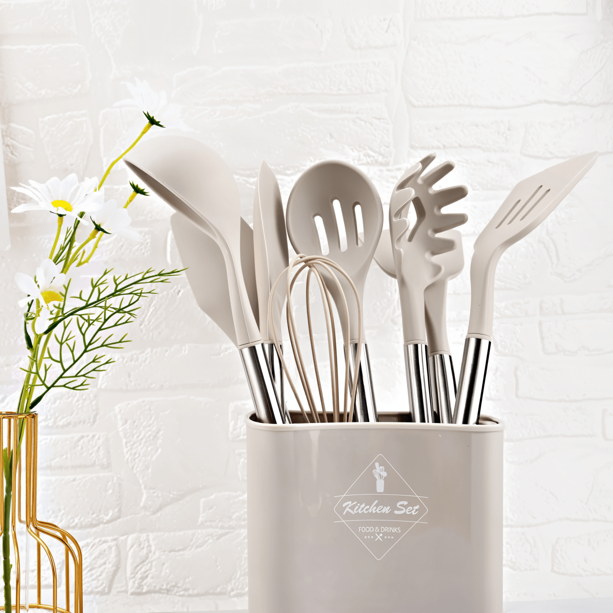 Avelena | 12-teiliges Silikon-Küchenutensilien-Set mit Edelstahlgriffen