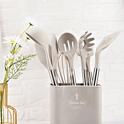 Avelena | 12-teiliges Silikon-Küchenutensilien-Set mit Edelstahlgriffen