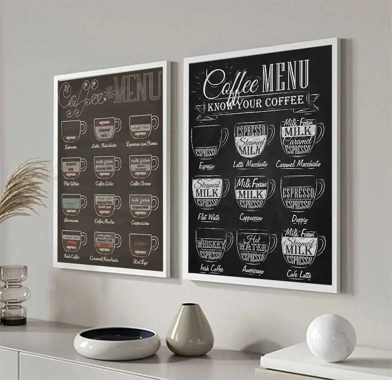 Avelena | Kaffeekenner Wandkunst Feine Kunst Leinwanddrucke Schwarz Weiß Kaffee Menü Poster Bilder für Küche Esszimmer Café Kunst Dekor