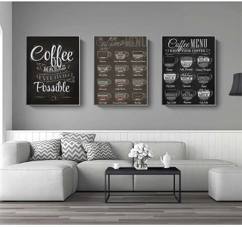 Avelena | Kaffeekenner Wandkunst Feine Kunst Leinwanddrucke Schwarz Weiß Kaffee Menü Poster Bilder für Küche Esszimmer Café Kunst Dekor