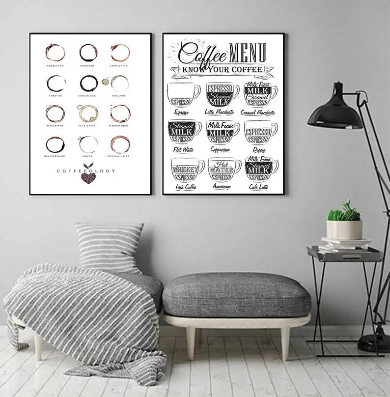 Avelena | Kaffeekenner Wandkunst Feine Kunst Leinwanddrucke Schwarz Weiß Kaffee Menü Poster Bilder für Küche Esszimmer Café Kunst Dekor