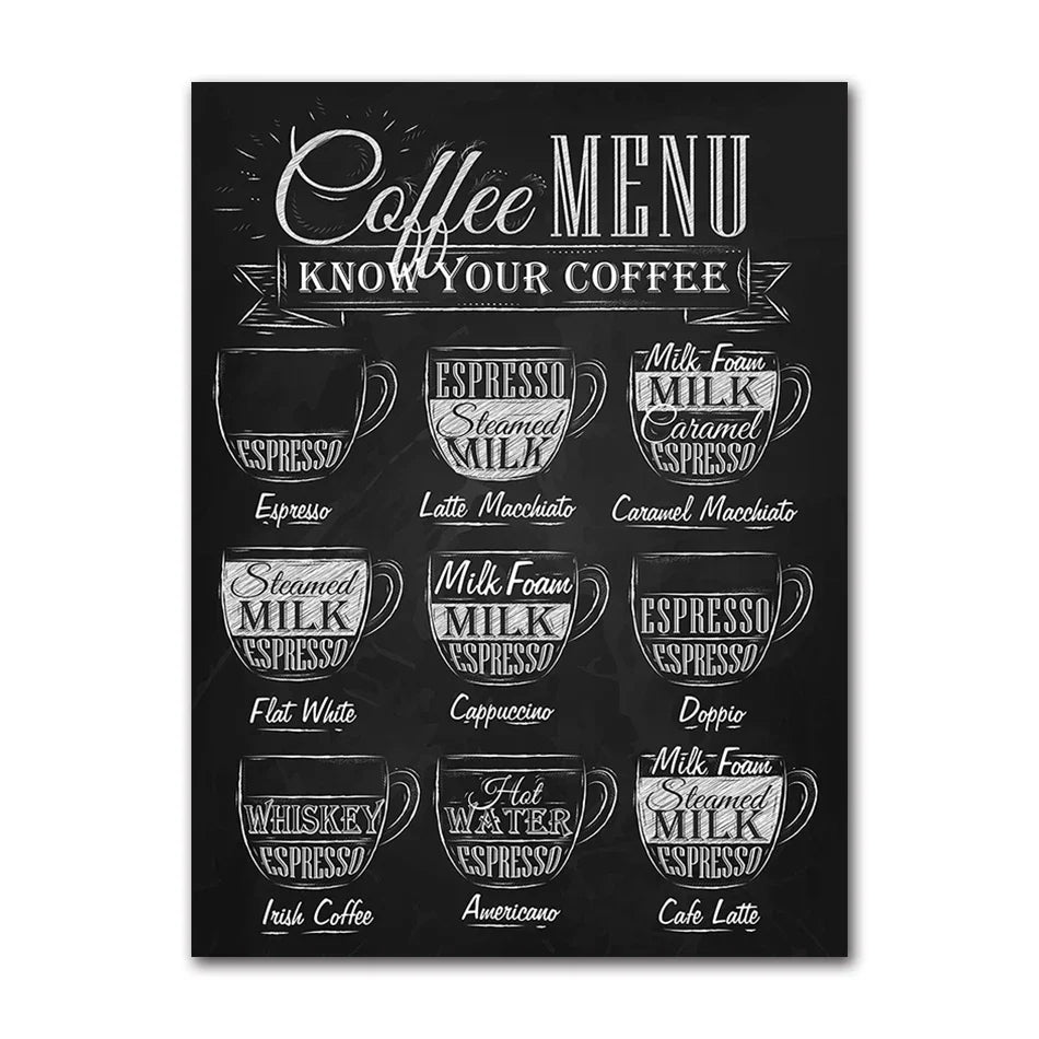Avelena | Kaffeekenner Wandkunst Feine Kunst Leinwanddrucke Schwarz Weiß Kaffee Menü Poster Bilder für Küche Esszimmer Café Kunst Dekor