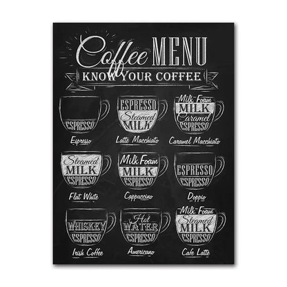 Avelena | Kaffeekenner Wandkunst Feine Kunst Leinwanddrucke Schwarz Weiß Kaffee Menü Poster Bilder für Küche Esszimmer Café Kunst Dekor